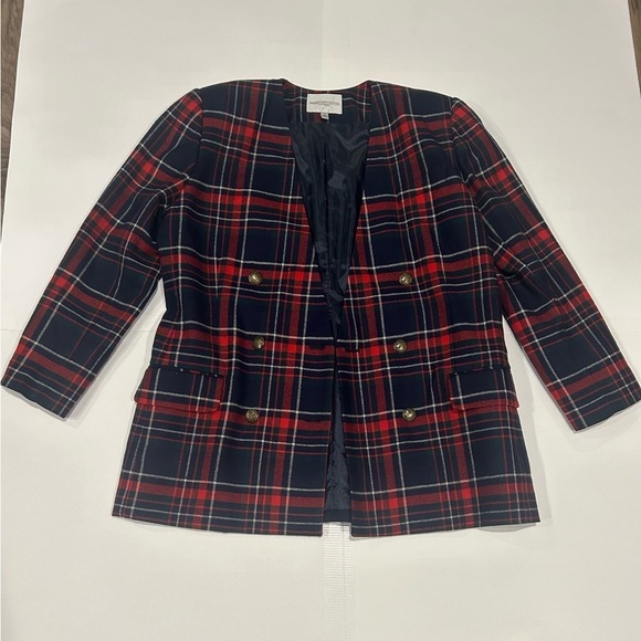 Amanda Smith Petites Blazer Jacket Pure Wool 14 Plaid Red Navy Academia Preppy - Picture 1 of 12